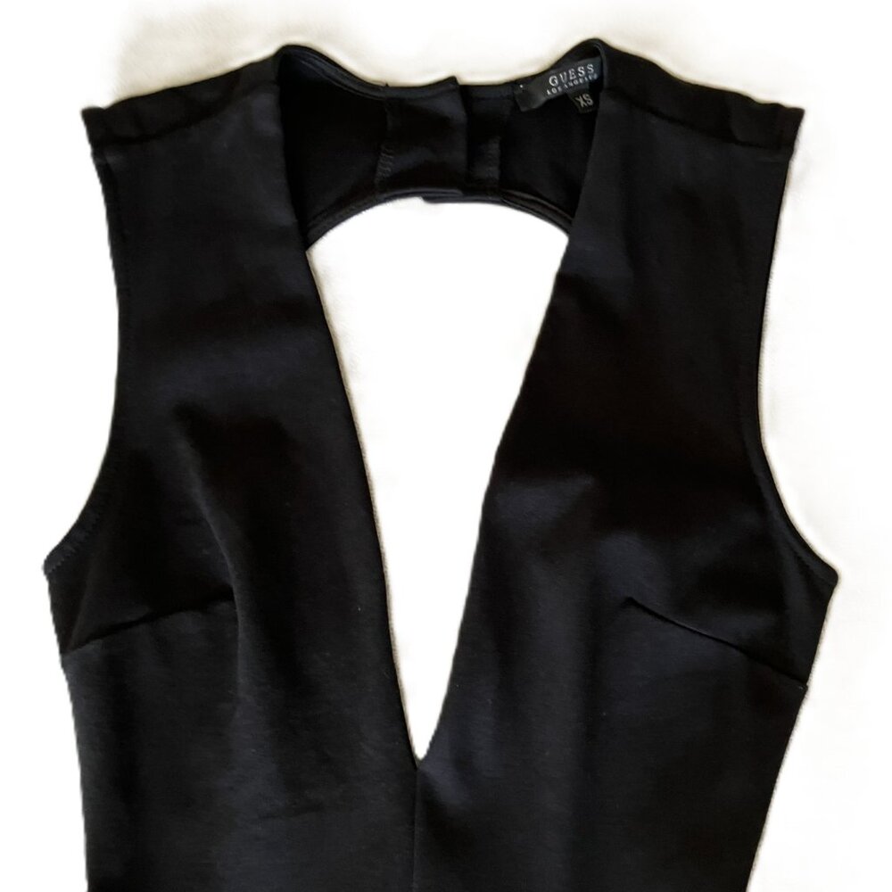 GUESS Los Angeles Deep V Midi Dress XS Black Stretchy Open Back Golden Buttons - Picture 3 of 11